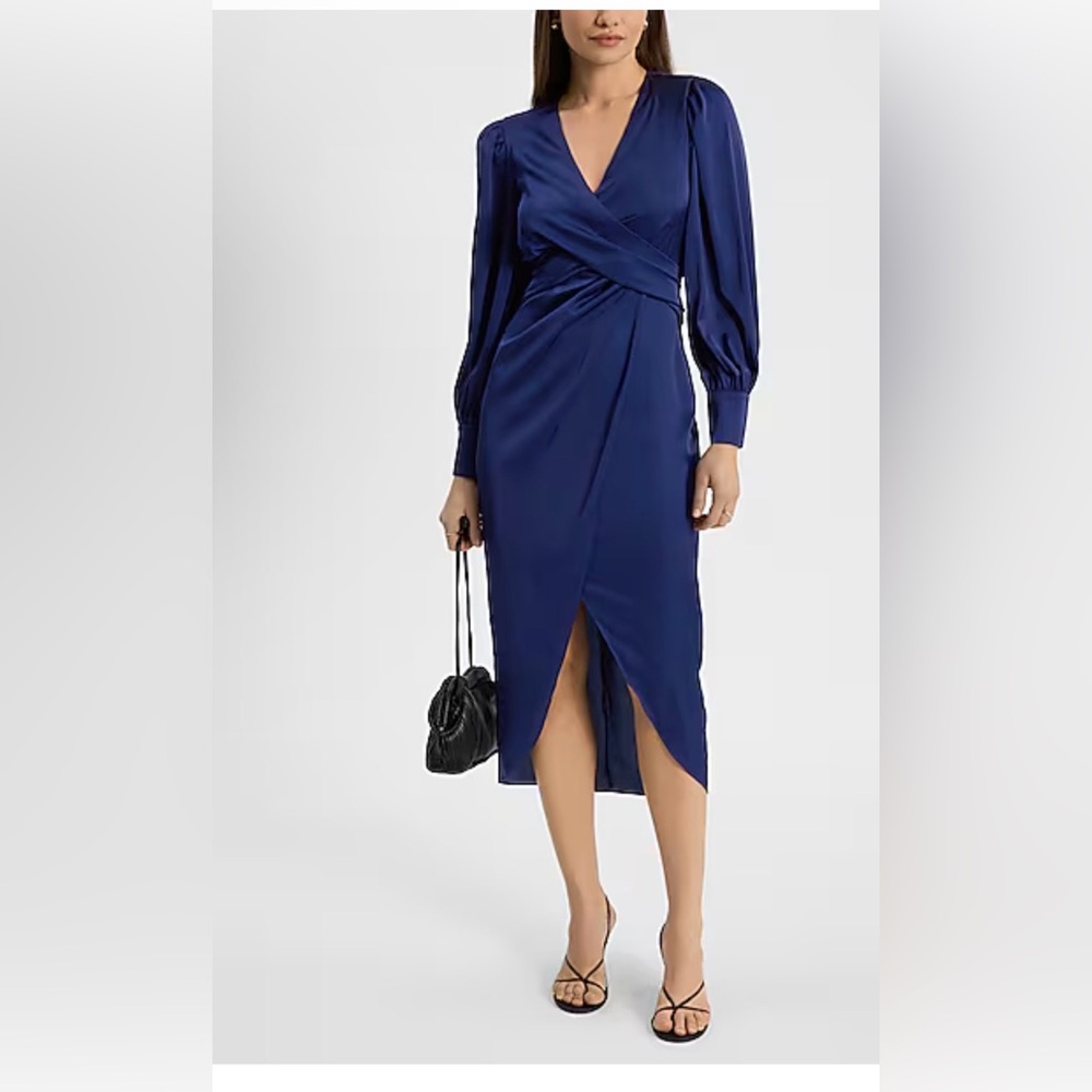 Express Royal Blue Long Sleeve Satin Surplice Midi Dress